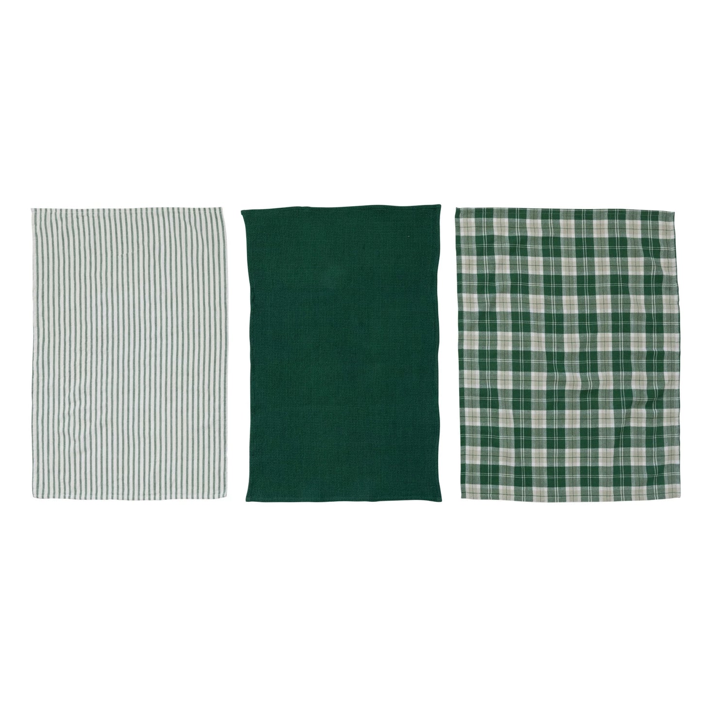 Cotton Woven/Waffle Weave Tea Towels, Green & White, Set of 3