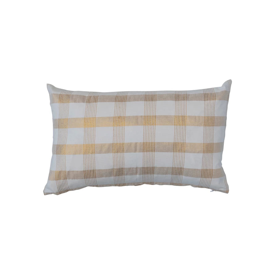 Woven Cotton Lumbar Pillow w/ Grid Pattern & Metallic Gold