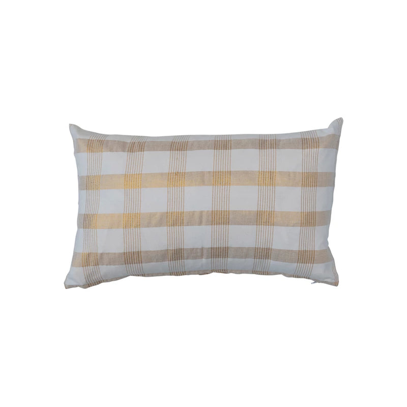Woven Cotton Lumbar Pillow w/ Grid Pattern & Metallic Gold