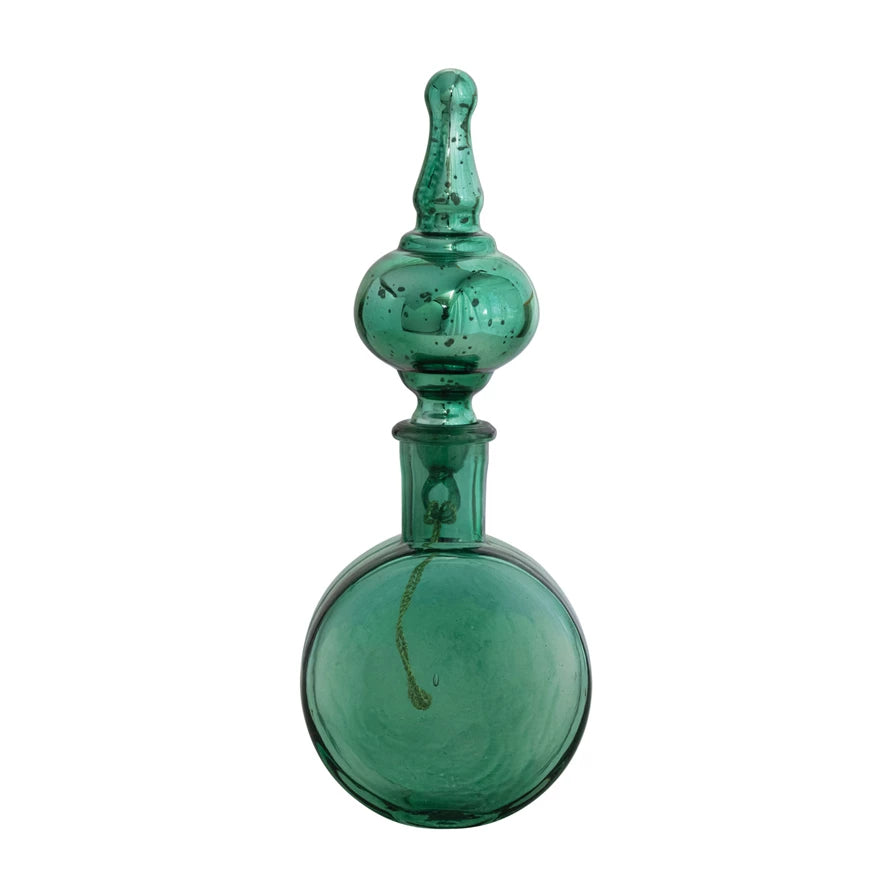 Decorative Glass Bottle w/ Mercury Glass Finial Stopper, Teal