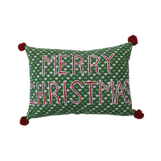 Load image into Gallery viewer, Cotton Printed Pillow w/ Embroidery &amp;amp; Tassels, &amp;quot;Merry Christmas&amp;quot;
