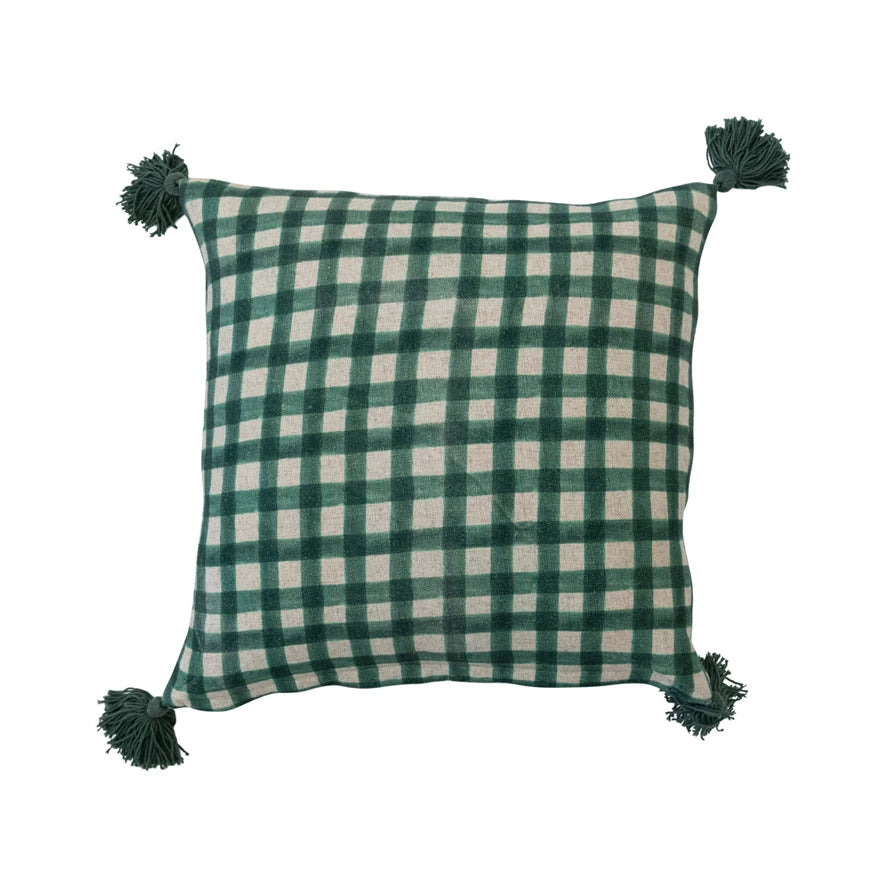 Square Viscose & Linen Printed Pillow w/ Tassels, Green & Cream