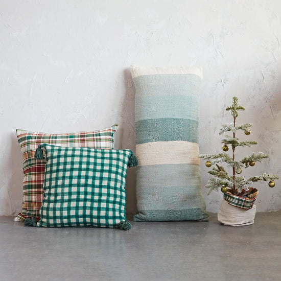 Square Viscose & Linen Printed Pillow w/ Tassels, Green & Cream