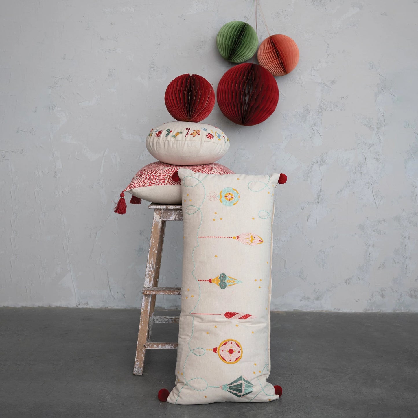 Cotton Slub Printed Lumbar Pillow w/ Ornaments, Embroidery & Pom Poms, Multi Color
