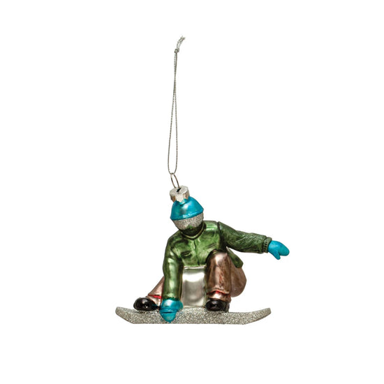 Load image into Gallery viewer, Hand-Painted Glass Snowboarder Ornament w/ Glitter
