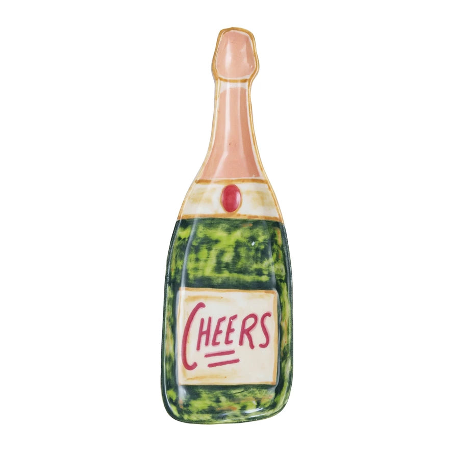 Stoneware Champagne Bottle Shaped Dish "Cheers", Multi Color