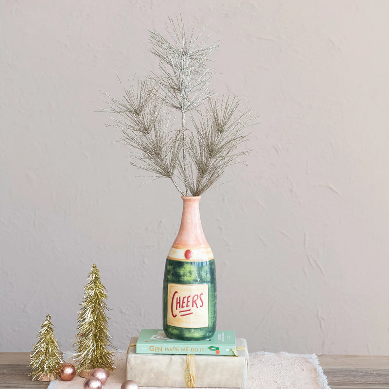Stoneware Champagne Bottle Shaped Vase "Cheers", Multi Color