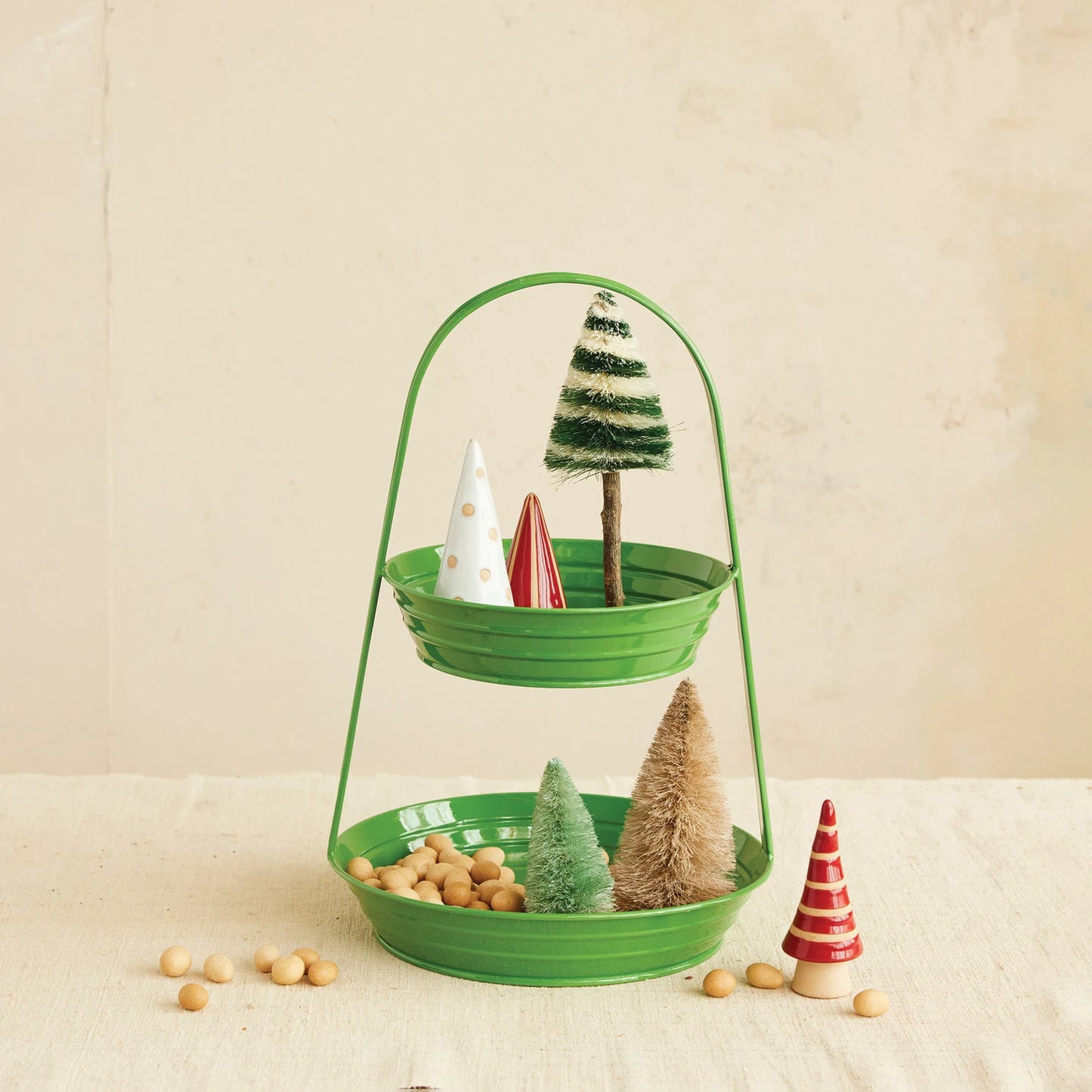 Decorative Metal Ribbed 2-Tier Tray, Green