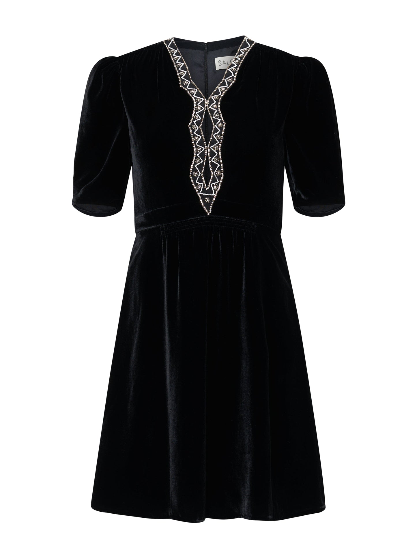 saloni black dress Camille Velvet Embellished Bows Long Dress in Black