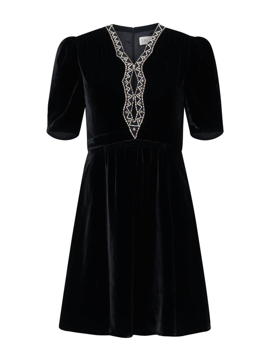 Saloni - Tabitha Mini Dress - Black Diamante Embroidery