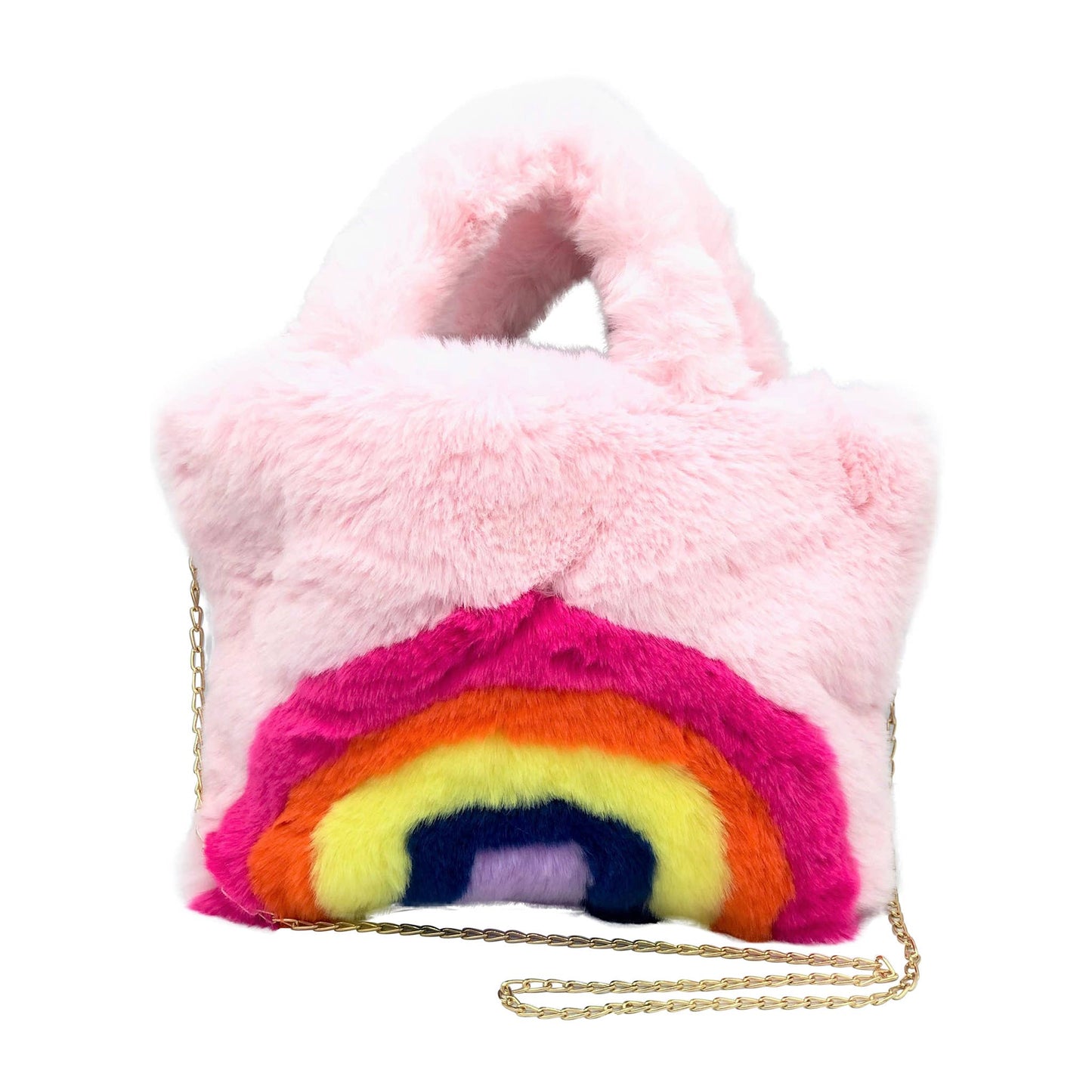 Faux Fur Fuzzy Rainbow Purse, Pink