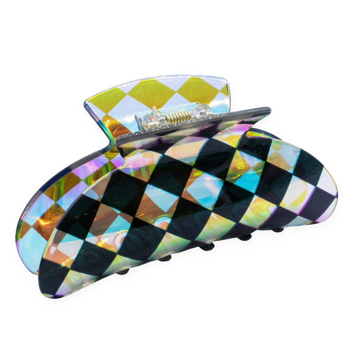 Load image into Gallery viewer, Medium Round Iridescent Checkered Hair Claw Clip Black
