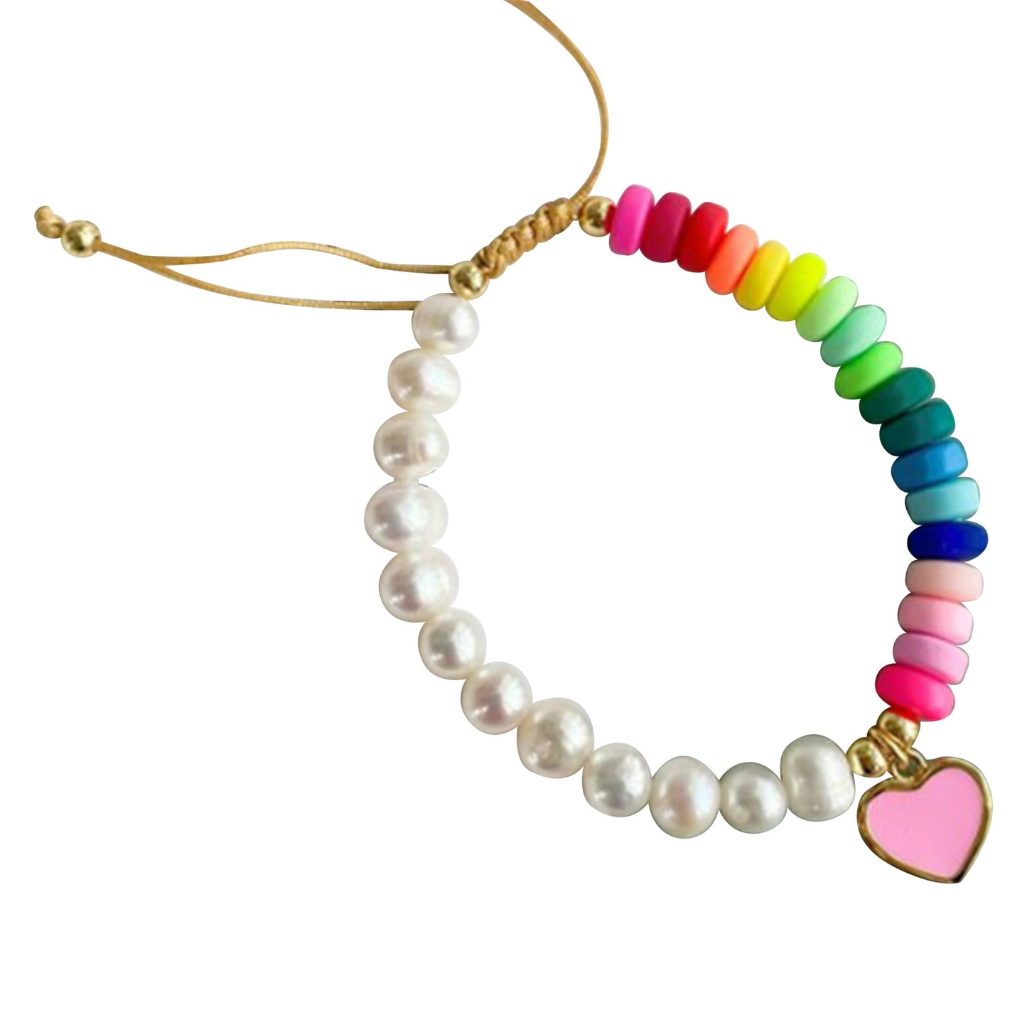 Load image into Gallery viewer, Pearl &amp;amp; Rainbow Beaded Bracelet w/ Heart Charm
