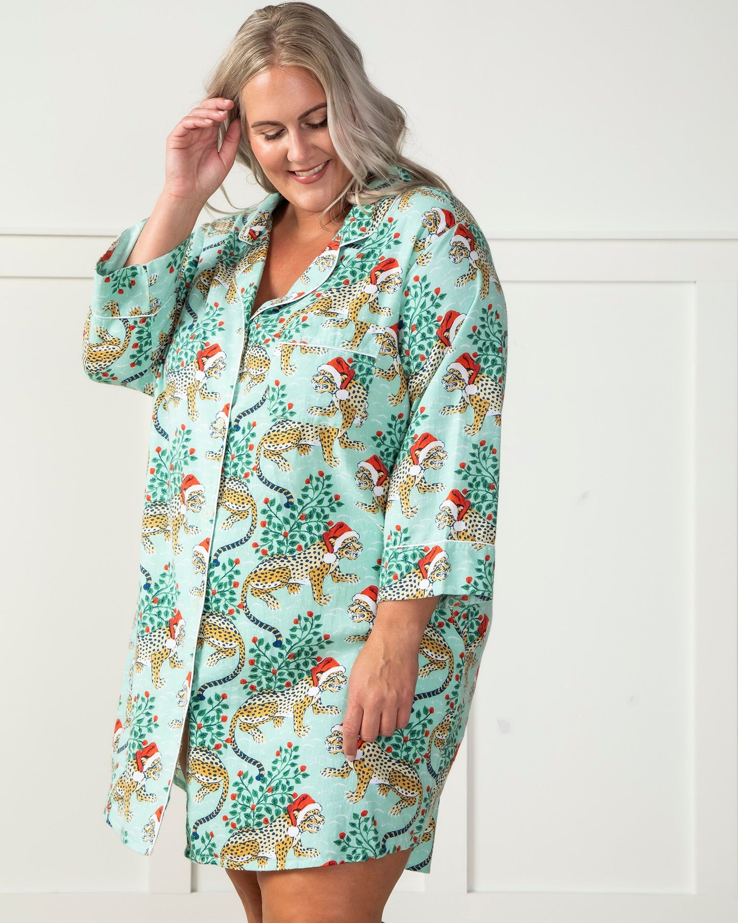 Printfresh - Holly Jolly Bagheera Flannel Sleep Shirt - Frosted Mint