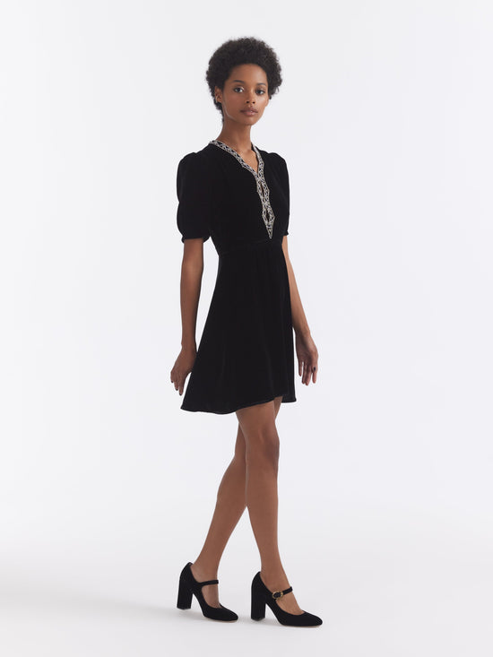 Saloni - Tabitha Mini Dress - Black Diamante Embroidery