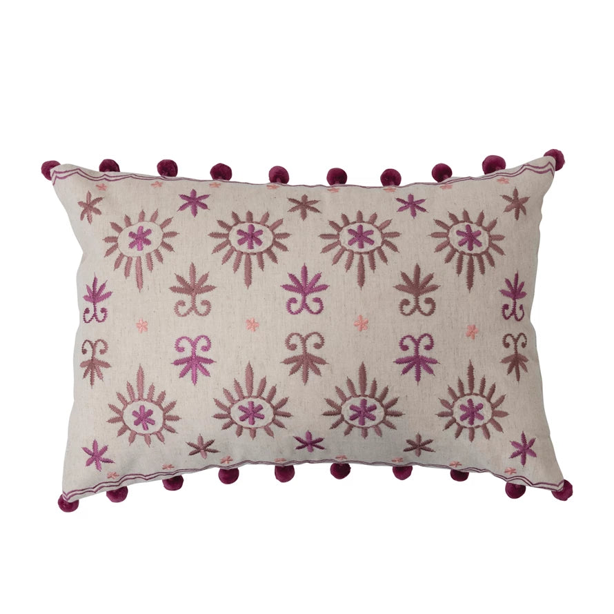 Cotton Linen Lumbar Pillow with Embroidery & Pom Poms