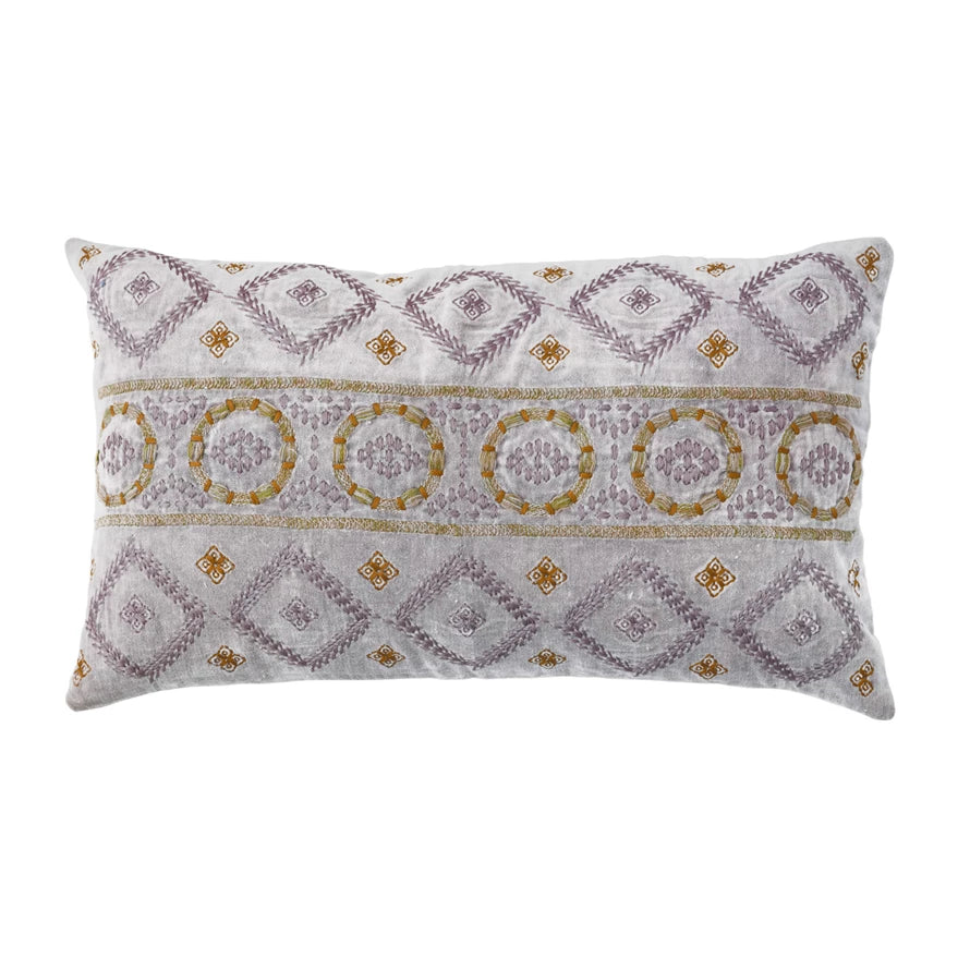 Load image into Gallery viewer, Cotton Velvet Lumbar Pillow w/ Embroidered Pattern &amp;amp; Chambray Back
