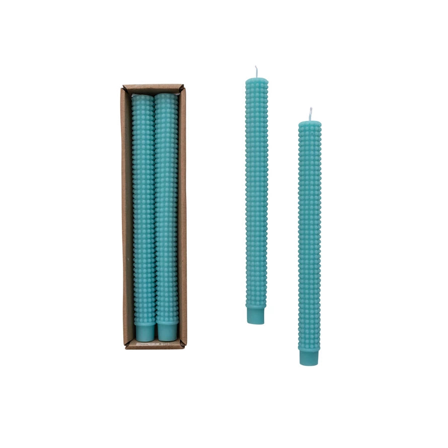 Unscented Hobnail Taper Candles in Box, Cyan, Set of 2