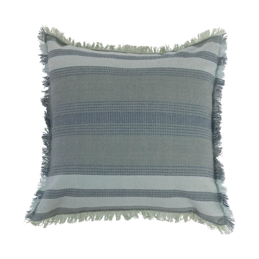 Woven Cotton Pillow with Stripes and Eyelash Fringe