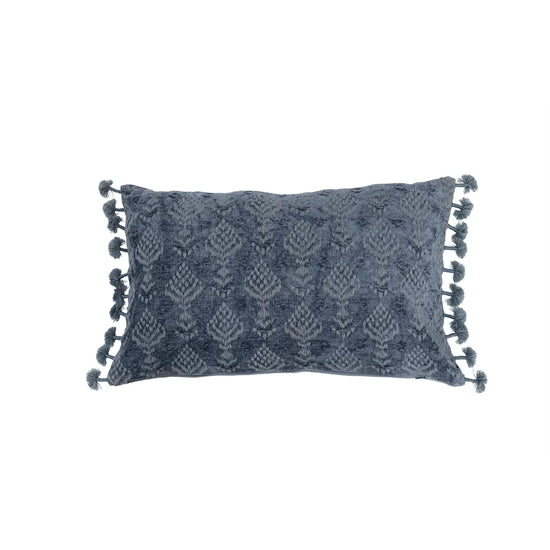 Cotton Chenille Lumbar Pillow with Embroidery & Tassels 20 x 12