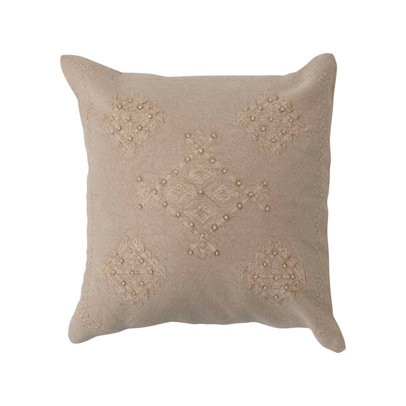 Woven Cotton Pillow w/ Embroidery & French Knots, Polyester Fill