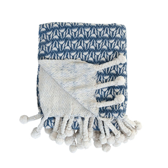 Load image into Gallery viewer, Recycled Cotton Blend Printed Throw w/ Braided Pom Pom Tassels
