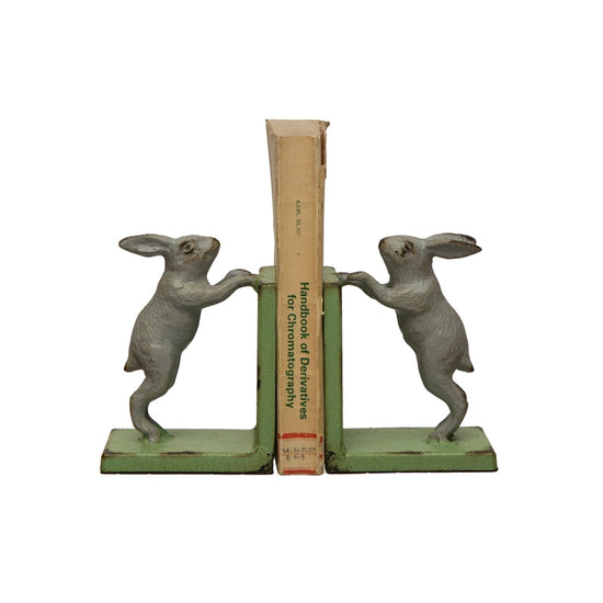 Cast Iron Rabbit Bookends, Distressed Finish, Green & Grey, Set of 2