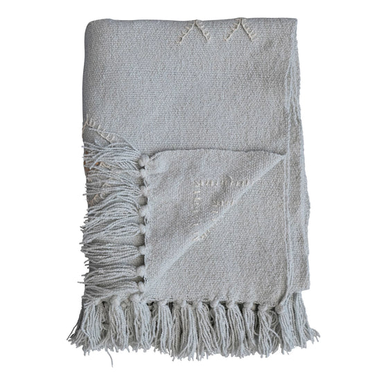Cotton Throw w/ Embroidered Moroccan Pattern & Fringe