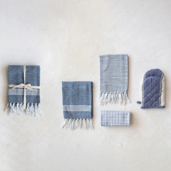 Cotton Blend Hamman Style Tea Towels, Blue & White, 3 Styles, Set of 3