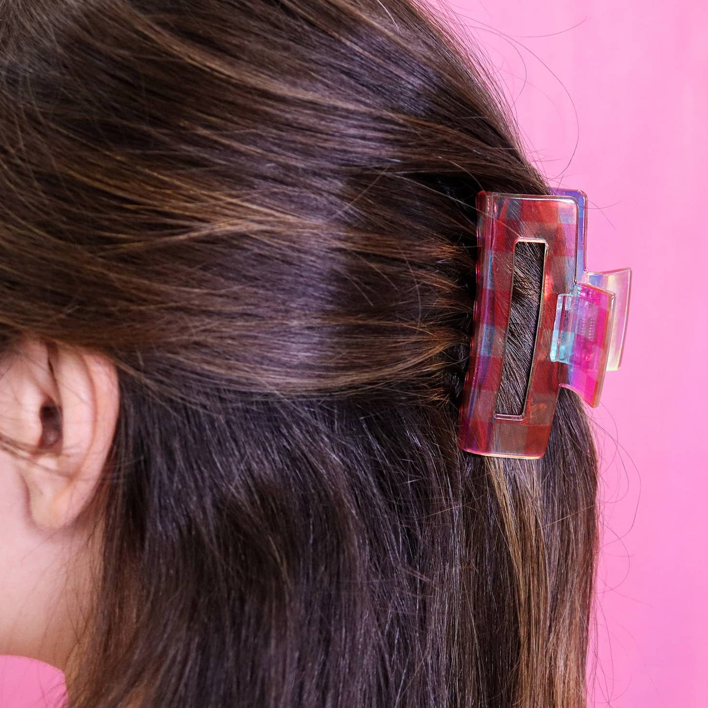 Load image into Gallery viewer, Square Iridescent Checkered Hair Claw Clip Pink
