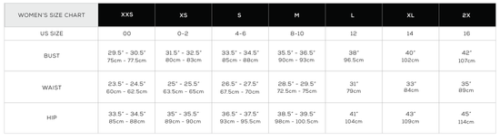 Whitney Top Size Chart